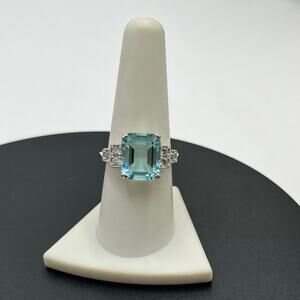 Designer Sterling Silver Emerald Cut Stimulated Blue CZ Stone Solitaire Ring 8.5